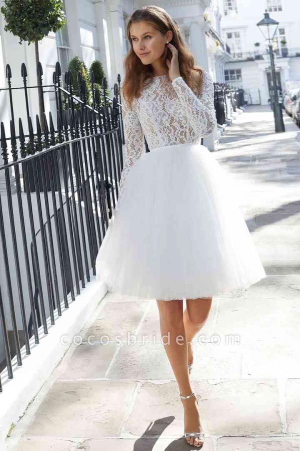 Chic Short A-line Tulle Jewel Lace Wedding Dress with Sleeves