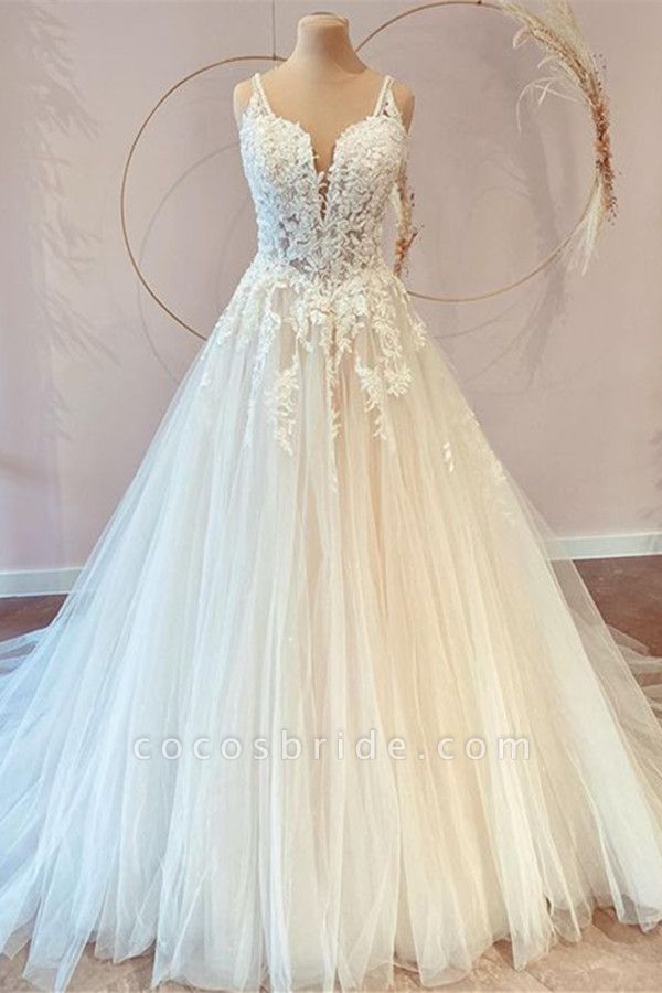 Classy Long Princess Sweetheart Tulle Appliques Lace Wedding Dresses MT075