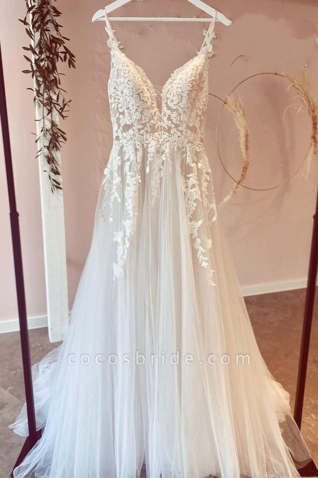 A-Line Ruffles Tulle Sweetheart Appliques Lace Floor-length Wedding Dress