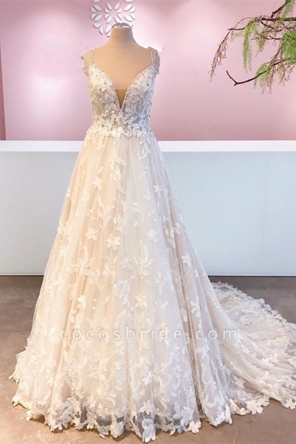 Romantic A-Line Sweetheart Appliques Lace Tulle Floor-length Wedding Dress