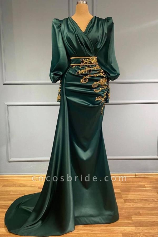 Modest Mermaid Long Sleeves Stretch Satin V-neck Prom Dress with Beading