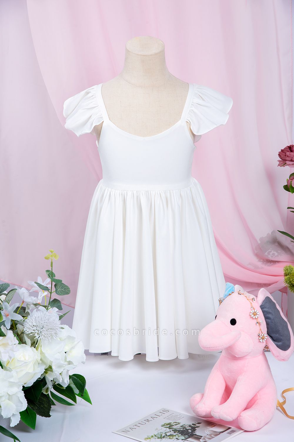 Cute A-line White Pleated Flower Girl Dress with Ruffle Sleeves