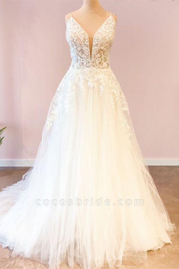 Attractive Sweetheart Spaghetti Straps A-Line Tulle Floor-length Wedding Dress
