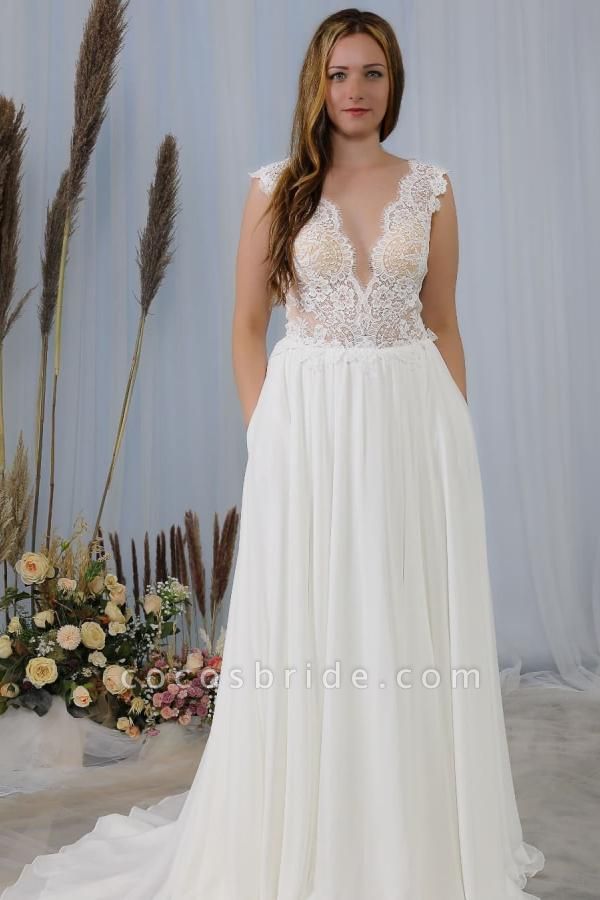 Elegant Deep V-neck Wide Straps Backless Appliques Lace Chiffon Wedding Dress