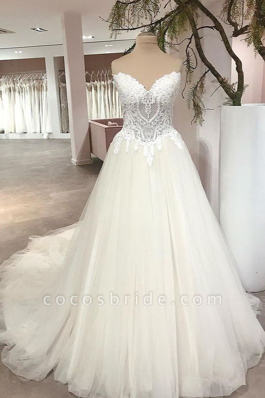 A-Line Sweetheart Backless Tulle Appliques Lace Floor-length Wedding Dress