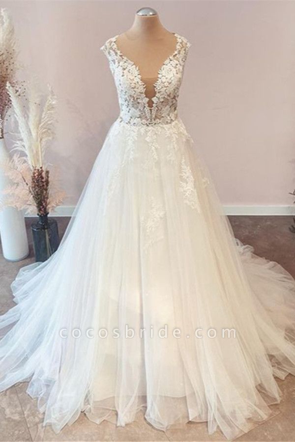 Sweetheart Floral Lace Floor-length A-Line Tulle Ruffles Wedding Dress