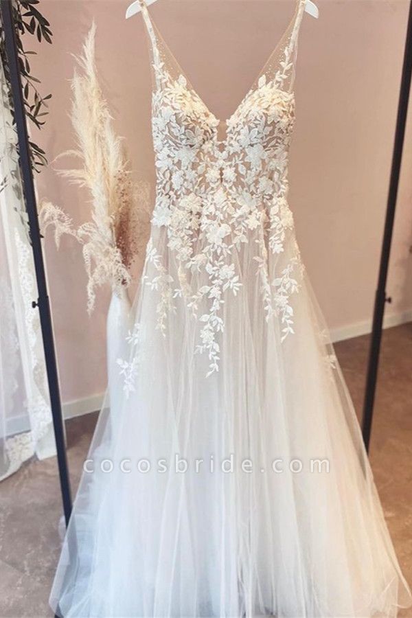 Elegant Long A-line V-neck Tulle Appliques Lace Open Back Wedding Dress MT074