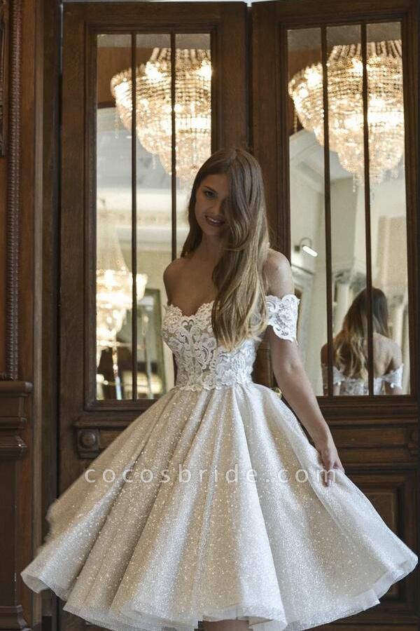 Beautiful Short A-line Glitter Off-the-Shoulder Lace Appliques Wedding Dress