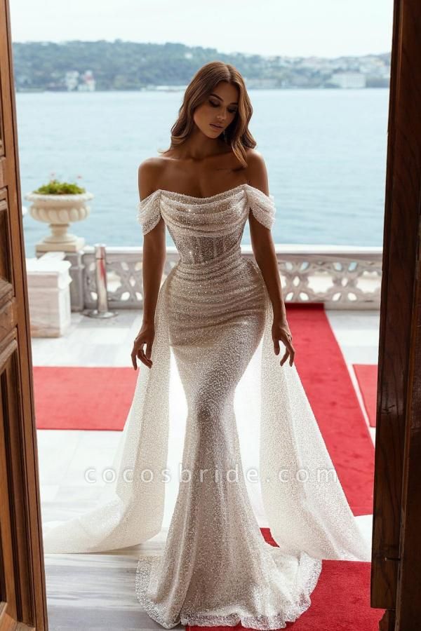 Sparkly Long Mermaid Off The Shoulder Sequins Wedding Dress With Detachable Sweep Train