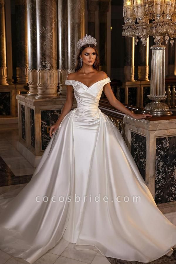 Gorgeous A-Line Off-the-shoulder Sweetheart Backless Ruffles Appliques Satin Wedding Dress