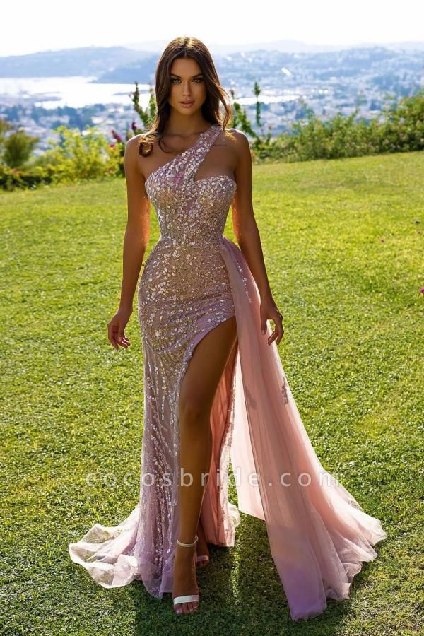 Elegant Pink Long Mermaid One Shoulder Sequins Prom Dress with Slit