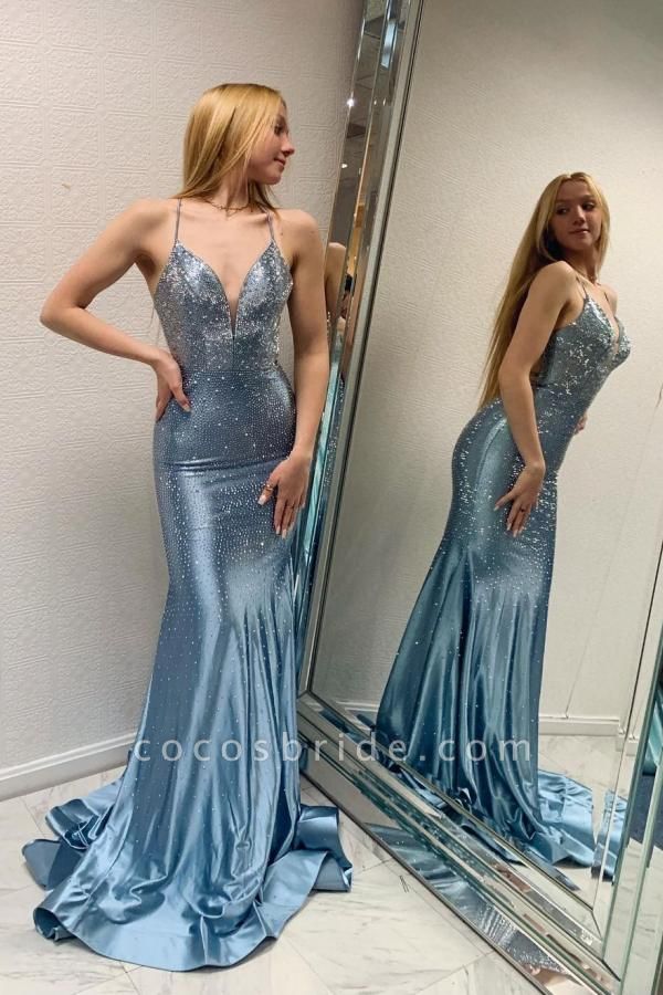 Unique Long Mermaid V-neck Sleeveless Glitter Backless Prom Dress