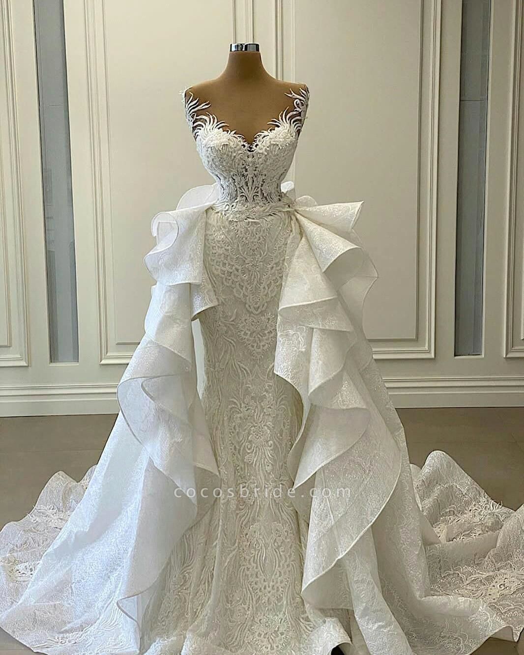 Stunning Sweetheart Appliques Lace Mermaid Wedding Dress With Detachable Train