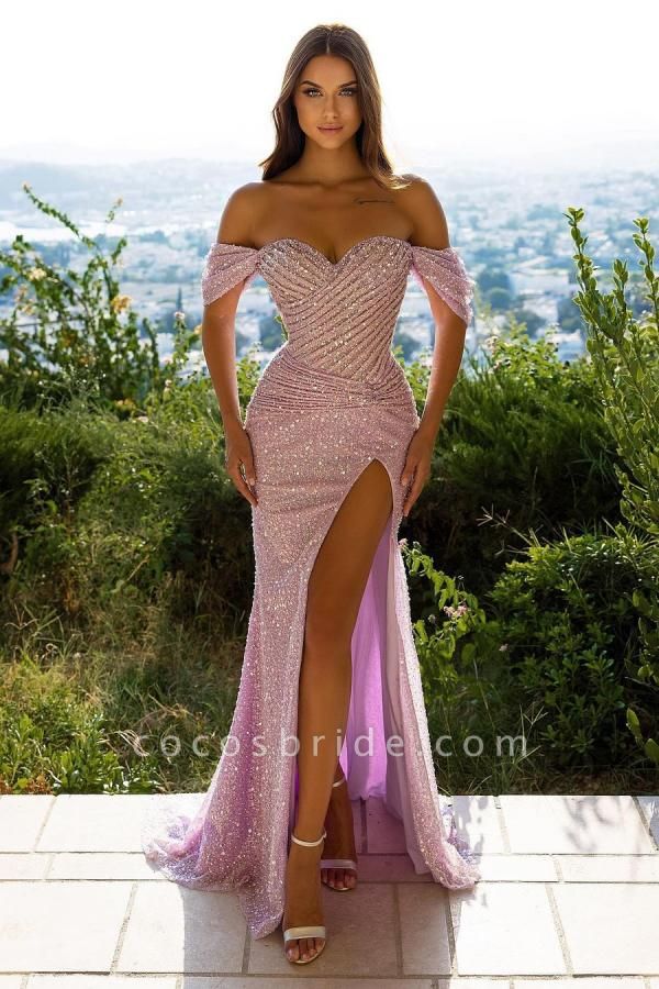 Gorgeous Long Mermaid Off-the-shoulder Glitter Prom Dress with Slit ...