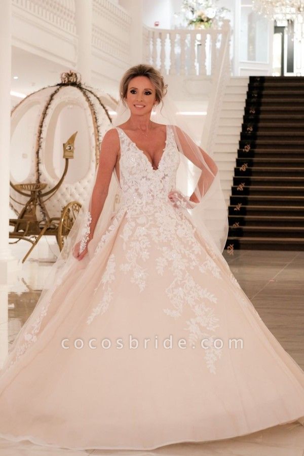 Sexy A-Line Deep V-neck Spaghetti Straps Appliques Lace Backless Floor-length Wedding Dress