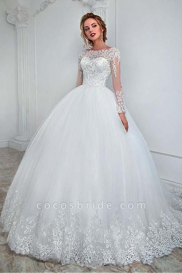 Gorgeous Ball Gown Long Sleeves Jewel Tulle Lace Wedding Dress