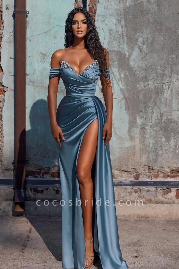 Sexy Sheath Off-the-shoulder Deep V-neck Sequins Ruffles Prom Dress With Slit