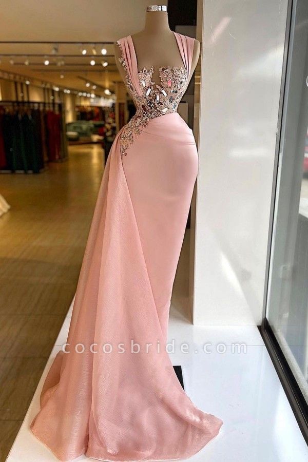 Simple Long Mermaid Wide Straps Crystal Ruffles Prom Dress with Beading