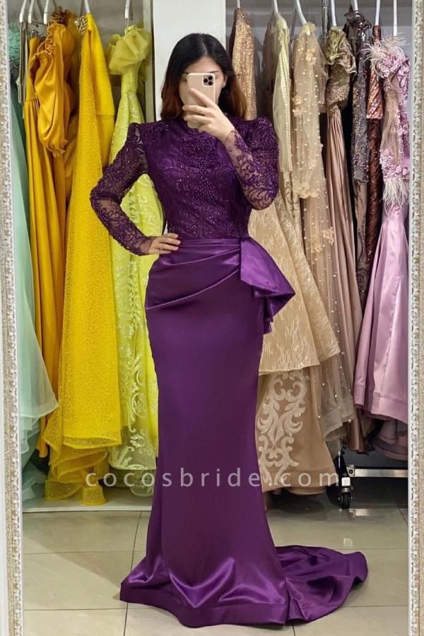 Elegant Long Mermaid Stretch Satin Jewel Lace Prom Dress with Sleeves ...