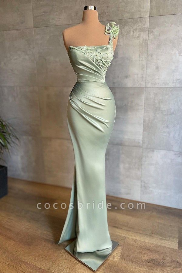 Simple One Shoulder Appliques Ruffles Floor-length Mermaid Prom Dress