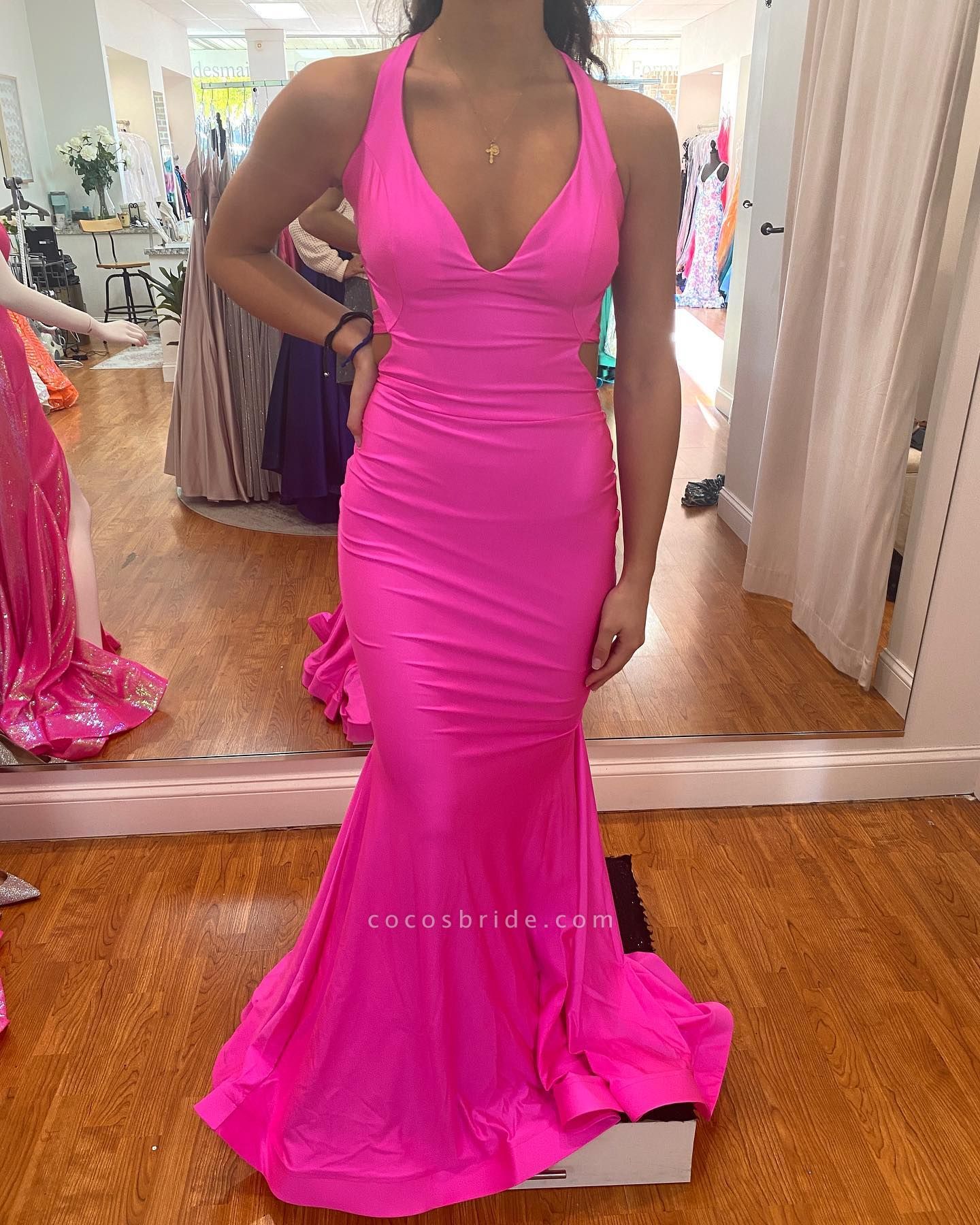 Pink Lace Satin and Feather Mermaid Halter Prom Dress - VQ