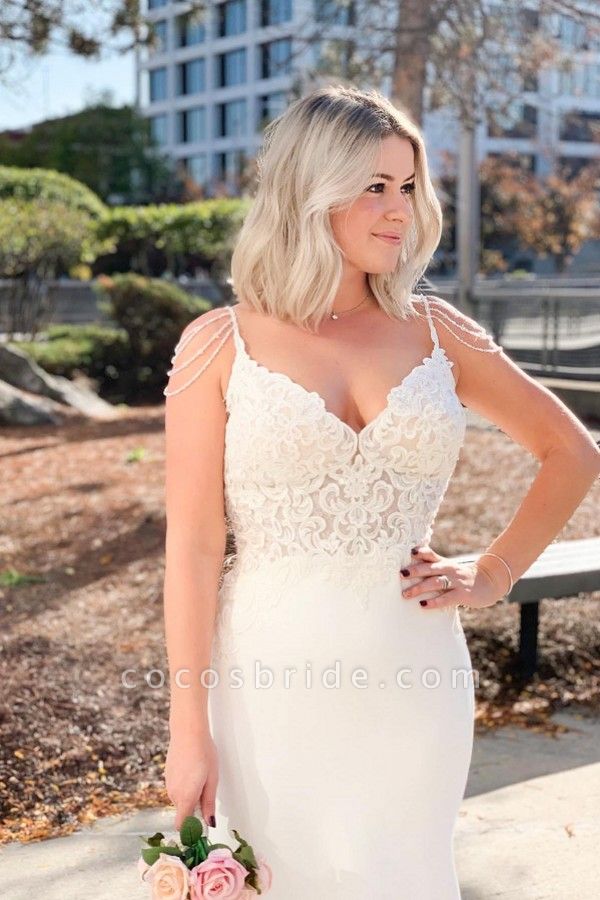 Sexy V-neck Spaghetti Straps Appliques Lace Backless Mermaid Wedding Dress