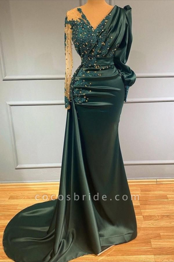 Elegant V-neck Long Sleeve Appliques Lace Floor-length Ruffles Mermaid Prom Dress