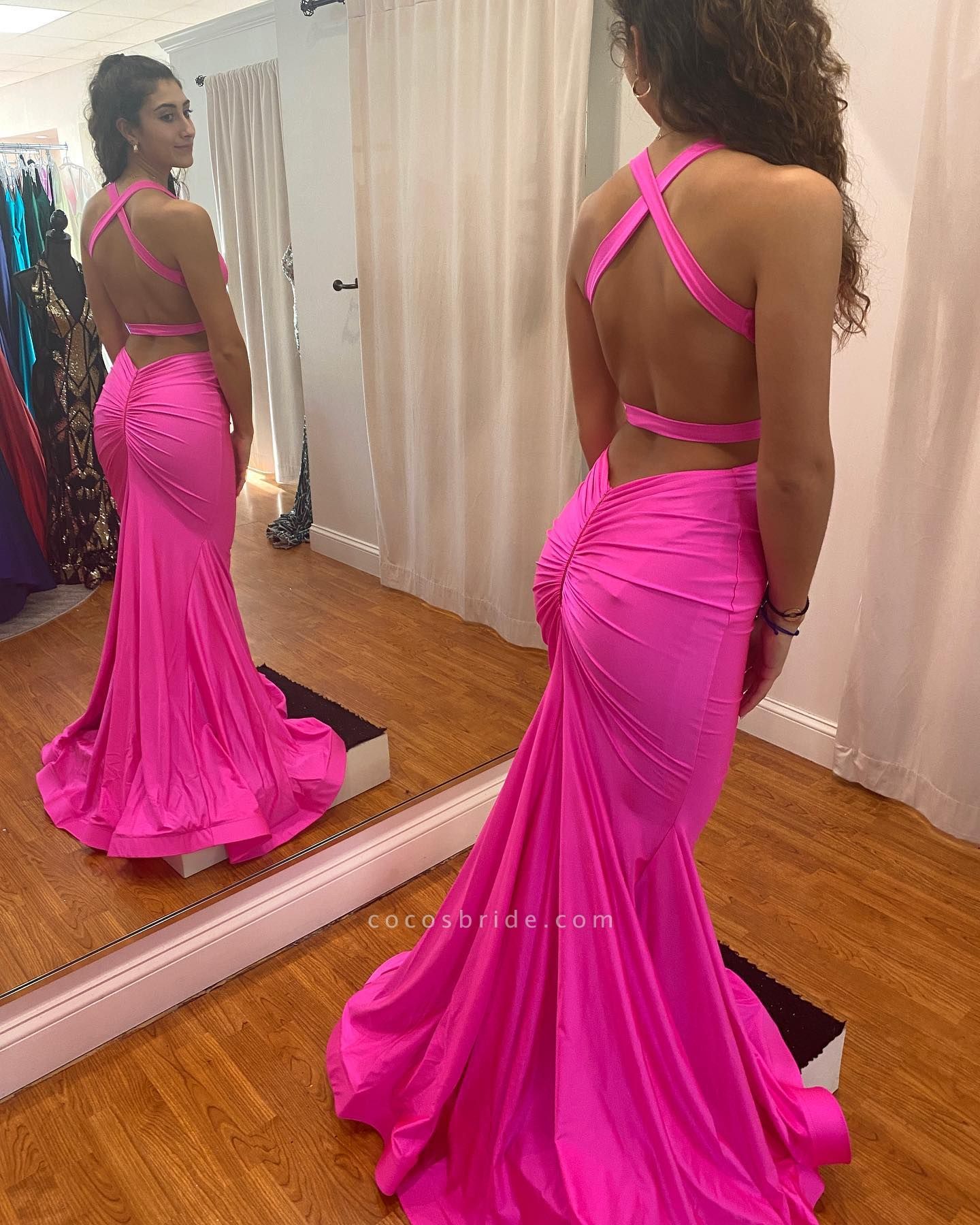 Modest Long Mermaid Halter V neck Satin Open Back Prom Dress