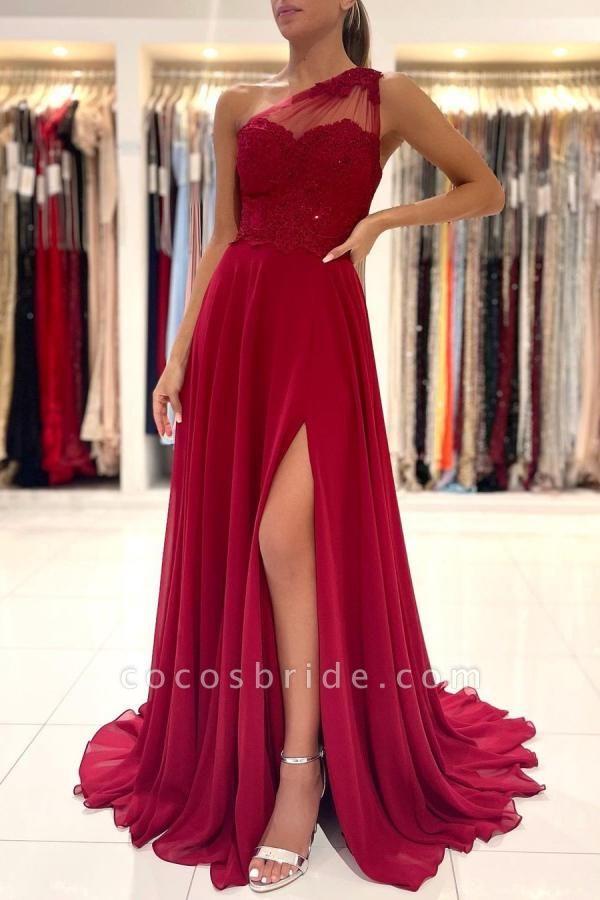 Unique A-Line One Shoulder Appliques Lace Ruffles Chiffon Prom Dress With Slit