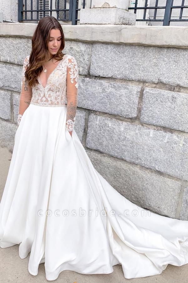 Klassische A-Linie mit tiefem V-Ausschnitt, Applikationen, Spitze und offenem Rücken, bodenlanges Satin-Hochzeitskleid