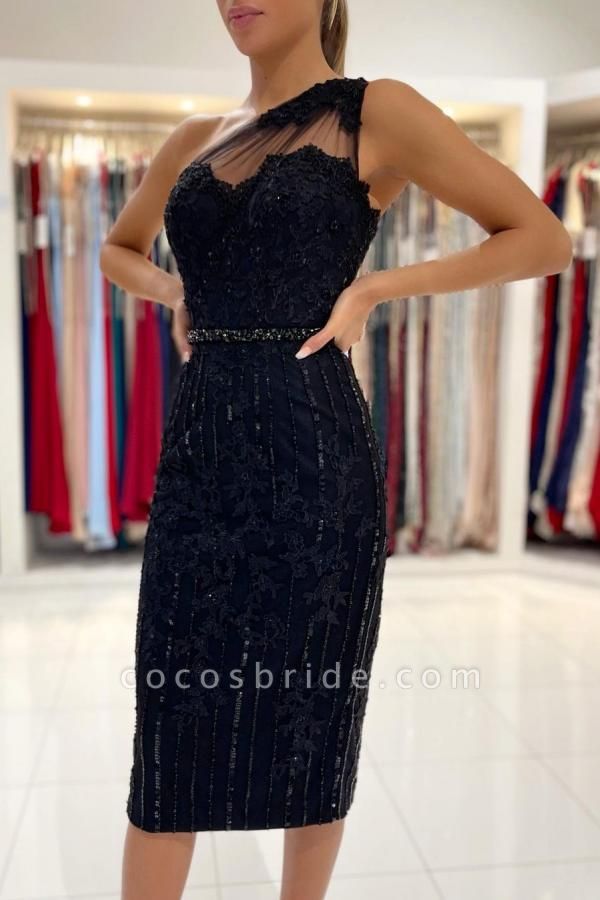 Elegant Short Mermaid One Shoulder Black Lace Formal Prom Dress