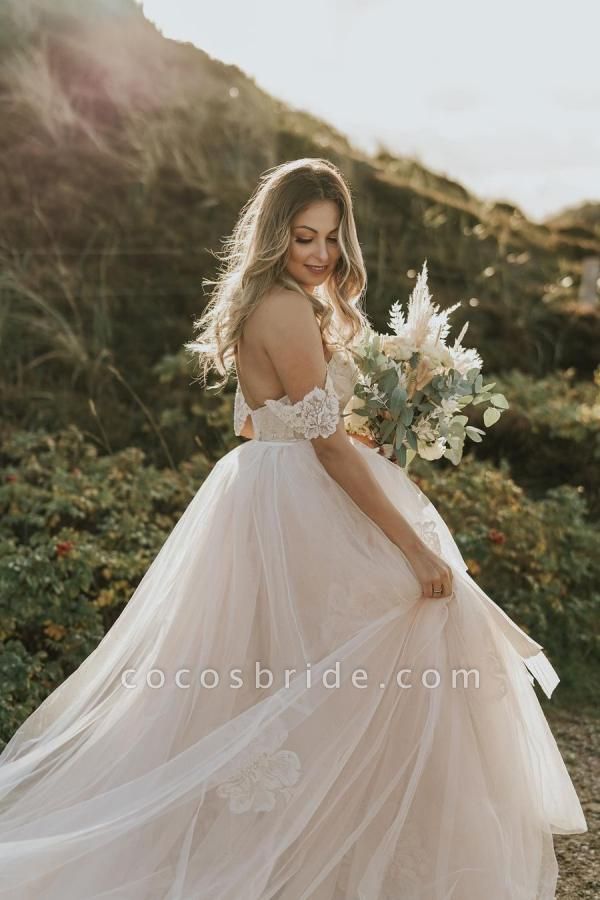 Vintage A-Line Off-the-Shoulder Backless Appliques Lace Floor-length Tulle Wedding Dress