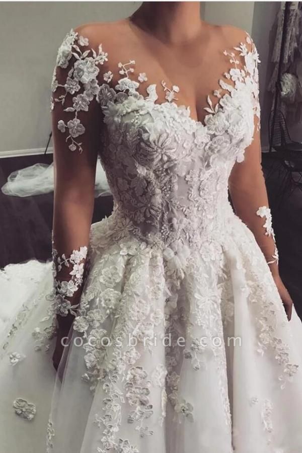 Elegant Bateau Long Sleeve Appliques Lace A-Line Floor-length Wedding Dress