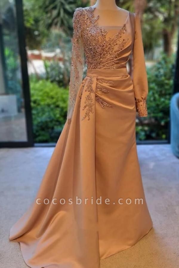 Elegant A-line Bateau Long Sleeves Appliques Lace Ruffles Floor-length Prom Dress