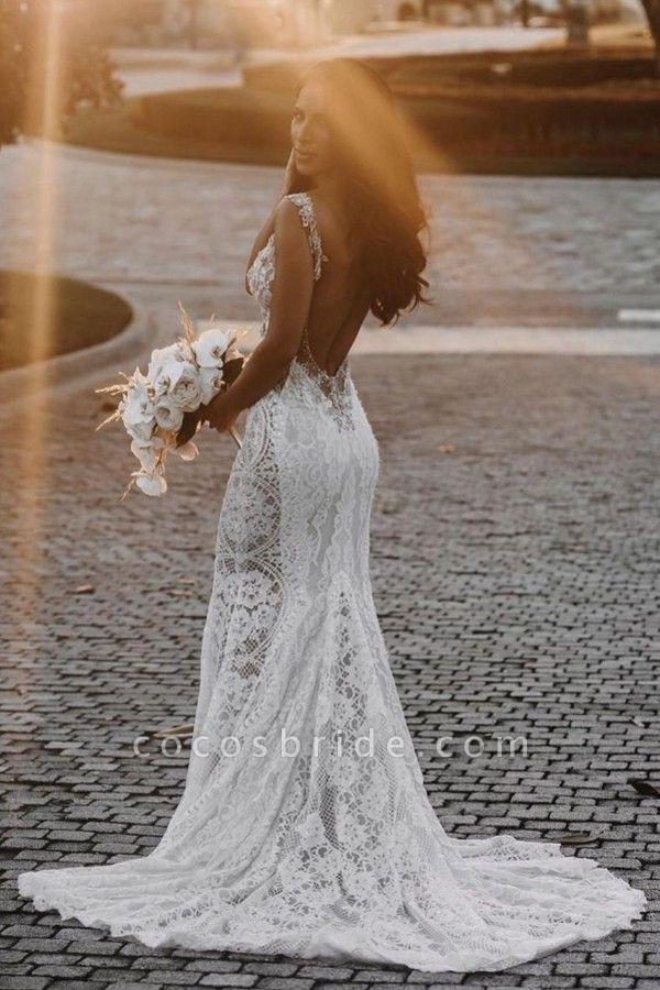 Glamouröser V-Ausschnitt, breite Träger, Applikationen, Spitze, offener Rücken, Meerjungfrau-Hochzeitskleid