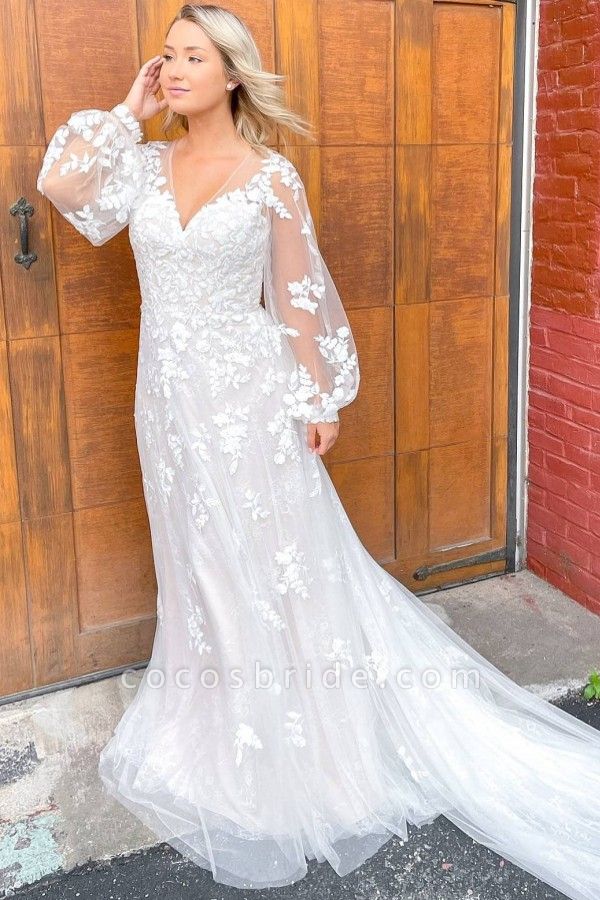 Classy Sheath Train Deep V-neck Long Sleeve Appliques Lace Tulle Wedding Dress