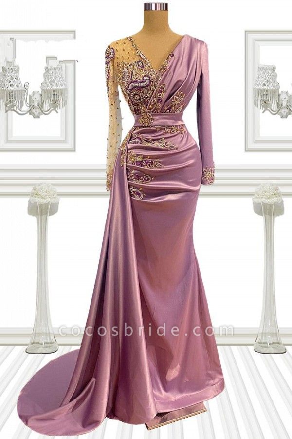Vintage Long Sleeves V-neck Crystal Embellishment Ruffles Mermaid Prom Dress