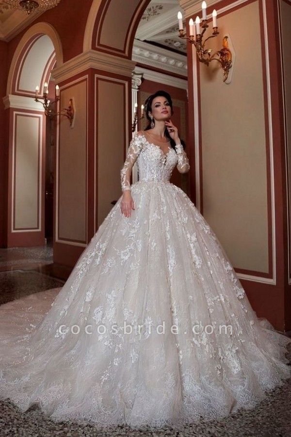 Attractive Long Sleeves Bateau Beading A-Line Appliques Lace Train Wedding Dress