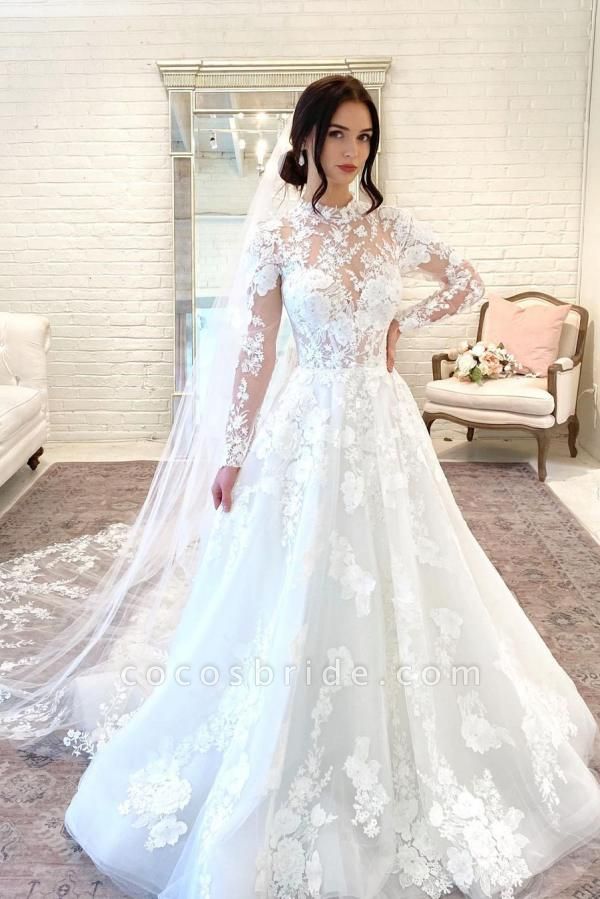 Wunderschönes, langes A-Linien-Brautkleid mit hohem Ausschnitt, Spitze und offenem Rücken und Ärmeln