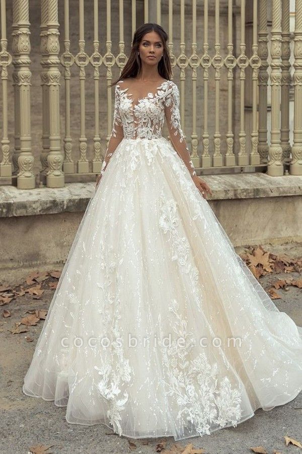 Gorgeous Bateau Long Sleeve Appliques Lace Train A-Line Wedding Dress