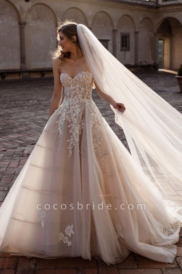 Charming Sweetheart Backless Train A-Line Tulle Floral Lace Wedding Dress