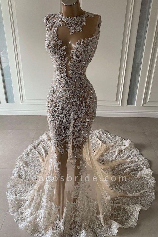 Gorgeous Bateau Crystal Appliques Floor-length Tulle Mermaid Prom Dress