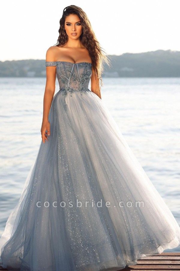 Long A-line Off-the-shoulder Tulle Floor Length Glitter Prom Dress