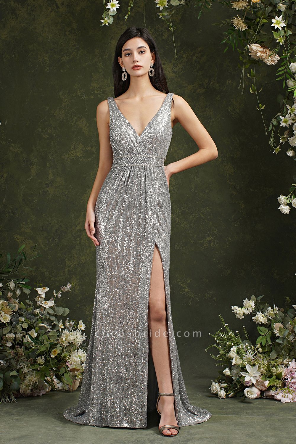Attractive Sequins Wide Straps V-neck Mermaid Bridesmaid Dress With Side Slit
