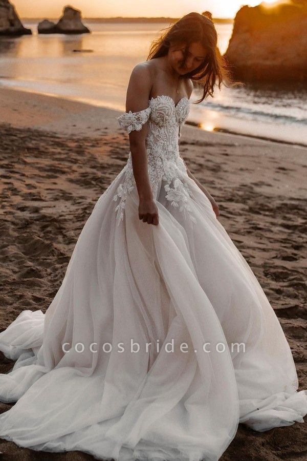 Romantic Off-the-shoulder Tulle Train A-Line Appliques Lace Wedding Dress