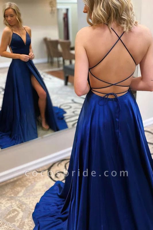 Sexy A-Line Deep V-neck Spaghetti Straps Satin Backless Prom Dress With Side Slit