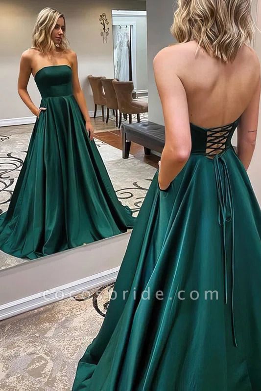 Classy Long A-Line Strapless Backless Satin Prom Dress With Pockets