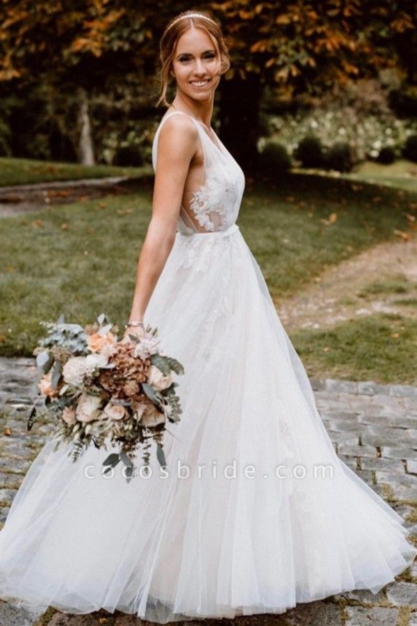 Stunning Deep V-neck A-Line Open Back Tulle Floor-length Floral Wedding Dress