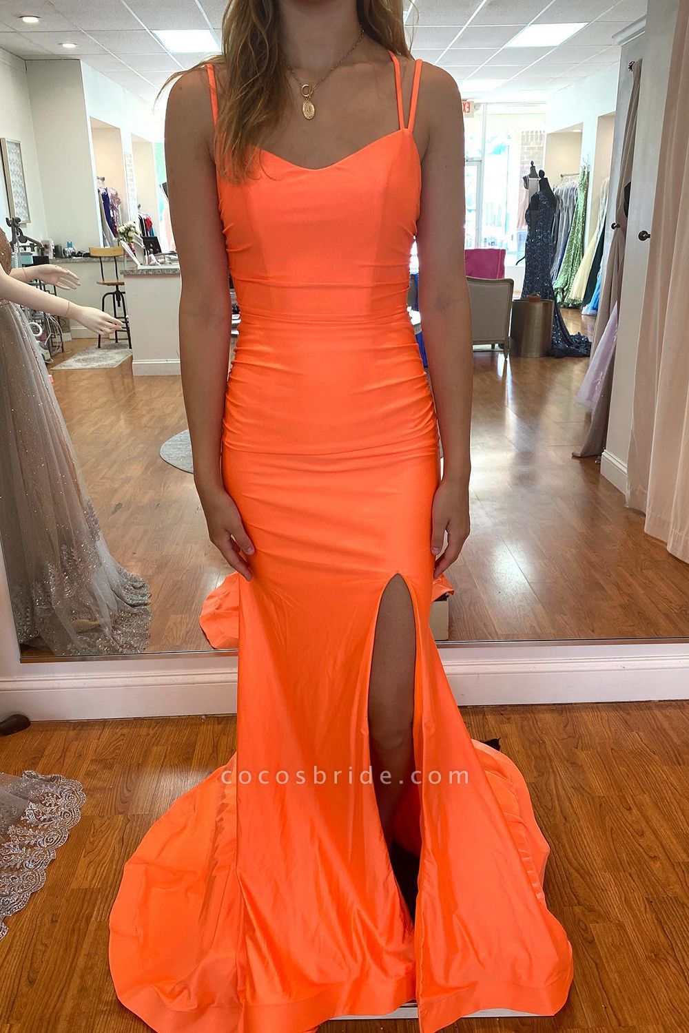 Attractive Orange Spaghetti Straps Backless Mermaid Prom Dress With Split
