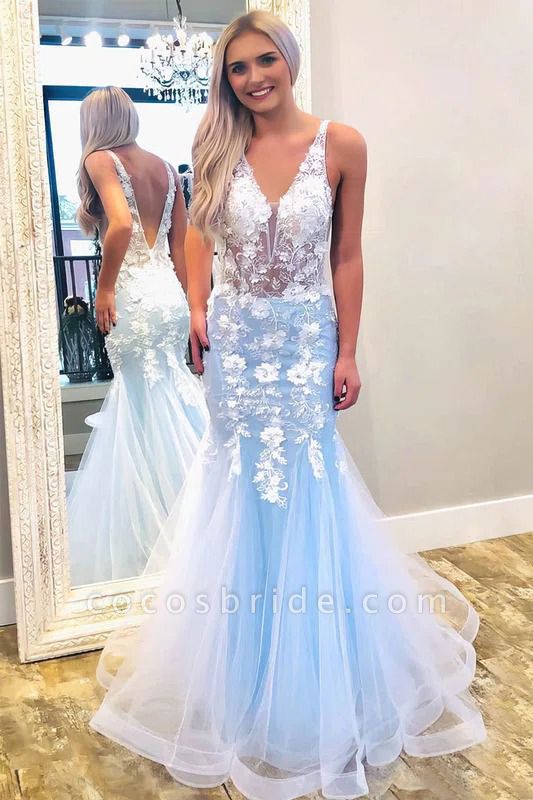 Beautiful Deep V-neck Backless Tulle Mermaid Prom Dress With Floral Lace